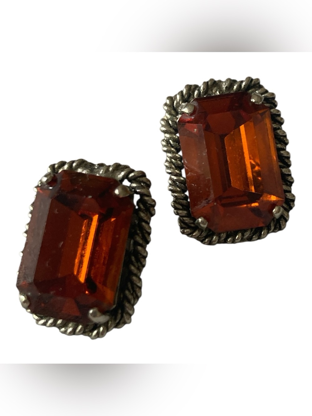Vintage silver tone and orange glass  rope design clip on earrings - Halloween!